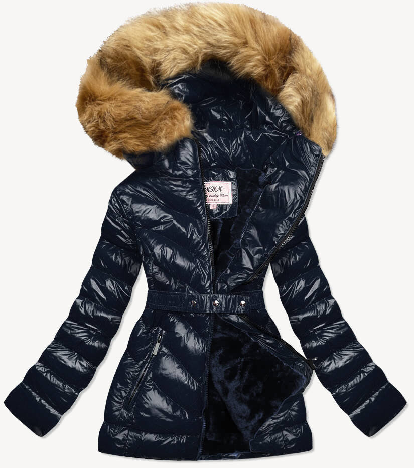 Zimní dámská lesklá bunda s kožíškem a kapucí MHM, odcienie niebieskiego XXL (44) i392_17832-48