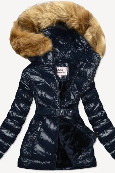 Zimní dámská lesklá bunda s kožíškem a kapucí MHM