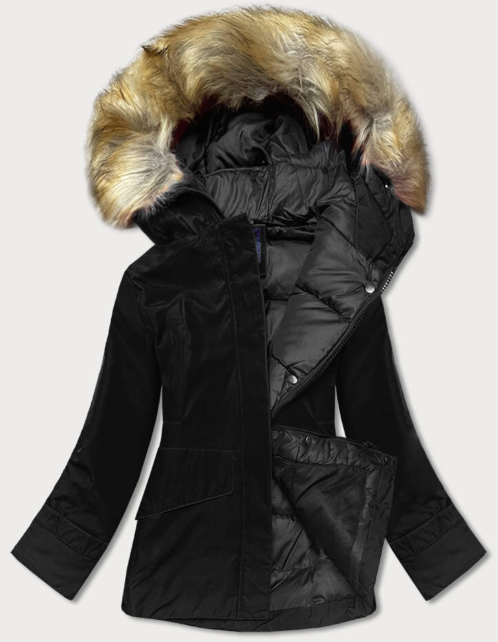 Zimní bunda s kapucí a kožešinou pro ženy - Černá Pásková, odcienie czerni S (36) i392_17941-46