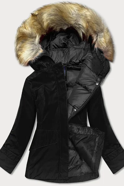 Zimní bunda s kapucí a kožešinou pro ženy - Černá Pásková