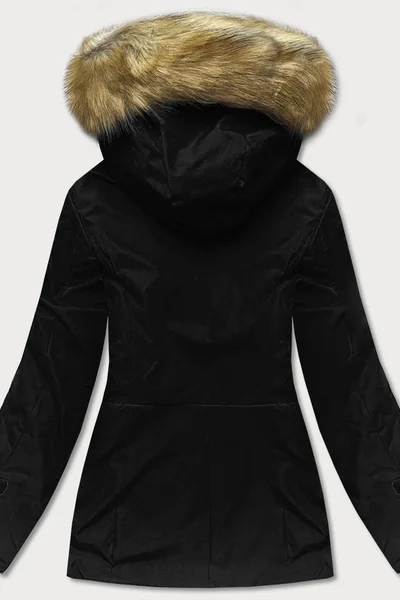 Zimní bunda s kapucí a kožešinou pro ženy - Černá Pásková