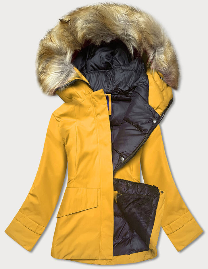 Zimní žlutá bunda s kapucí a kožešinou pro ženy - Ann Gissy, Žlutá M (38) i392_17942-47