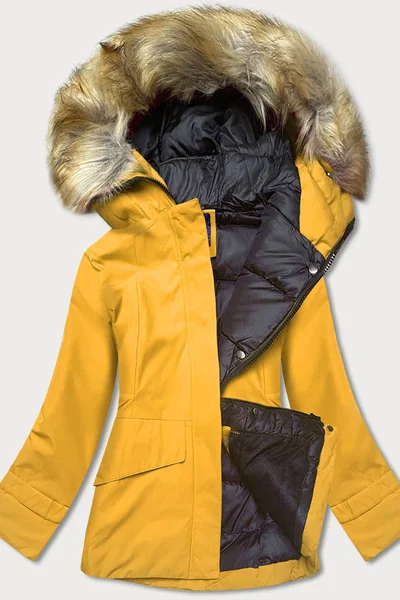 Zimní žlutá bunda s kapucí a kožešinou pro ženy - Ann Gissy