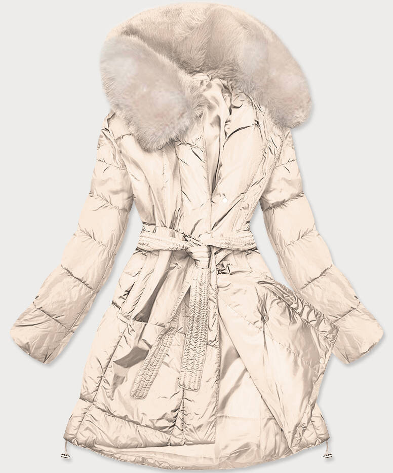 Zimní kabát s kožešinou Ann Gissy - Béžový Péřový Trapéz, odcienie beżu XL (42) i392_17950-53