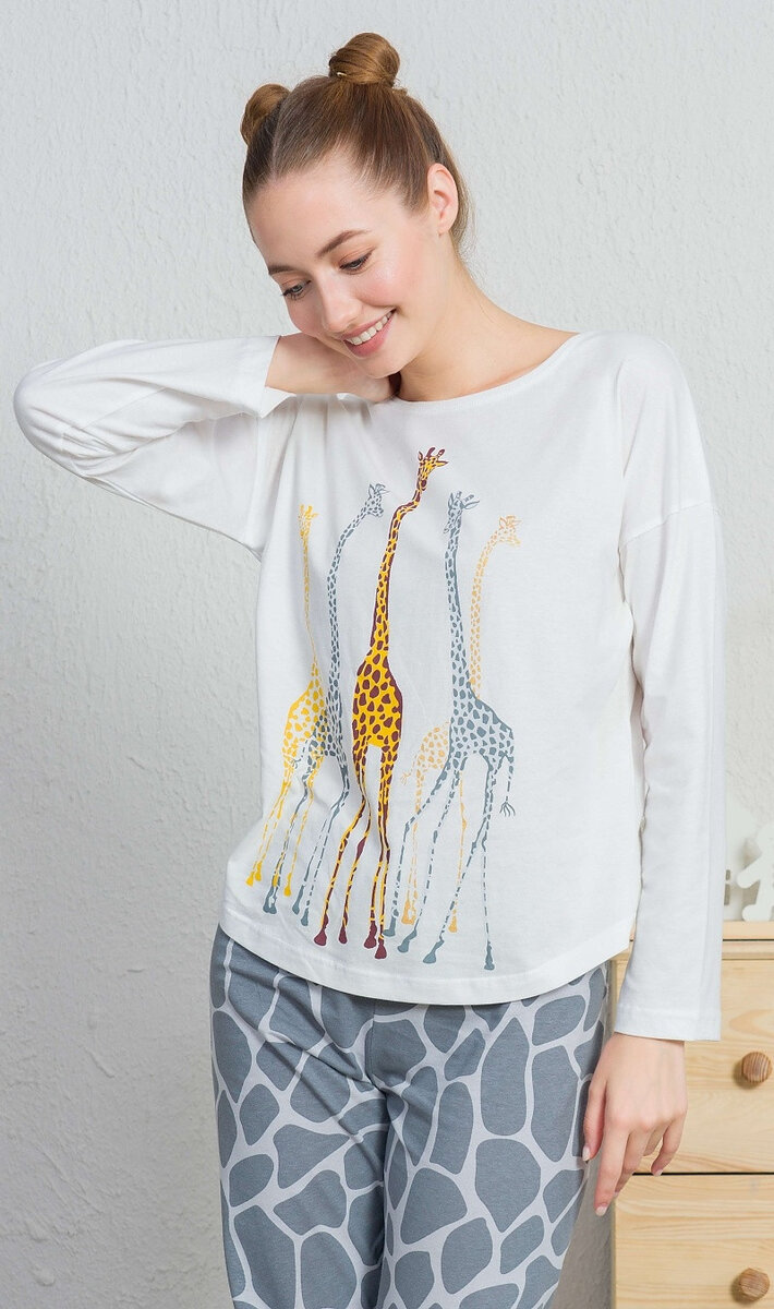 Pyžamo pro ženy dlouhé Žirafy Vienetta Secret, smetanová XXL i232_8006_55455957:smetanová XXL