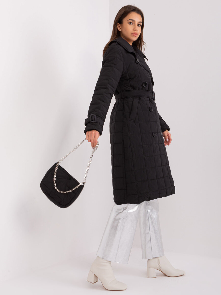 Černá bunda na zimu s páskem - Elegantní Kabát FPrice, M i523_2016103467716