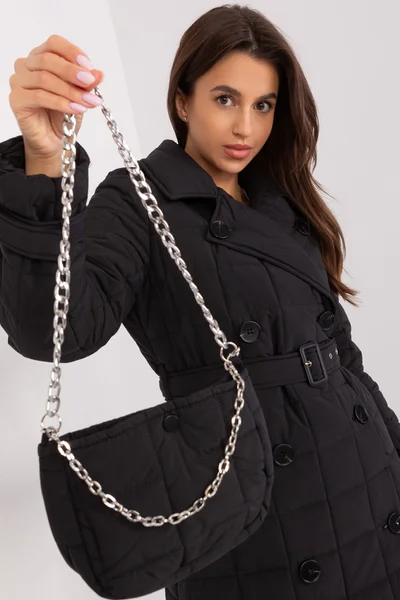 Černá bunda na zimu s páskem - Elegantní Kabát FPrice