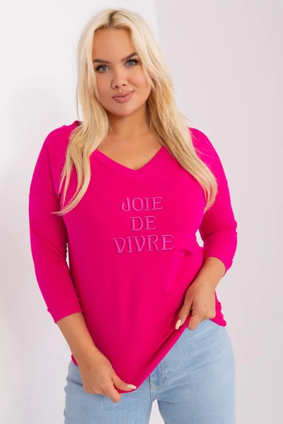 Růžová plus size dámská halenka V-výstřih FPrice