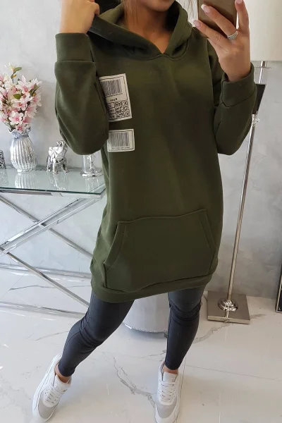 Dámská khaki mikina s kapucí a nášivkami K-Fashion