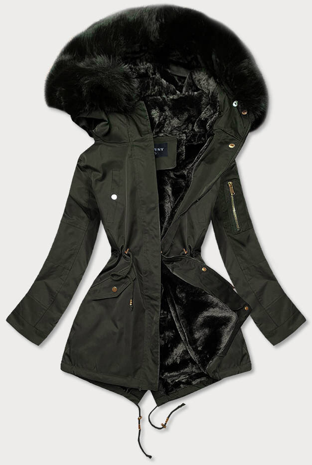 Zimní parka s kožešinou a kapucí v khaki barvě - SWEST, odcienie zieleni XXL (44) i392_18141-48