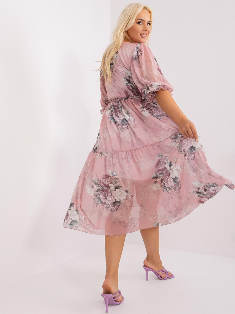 Růžové plus size šaty s volánem - Květinový vzor, L/XL i523_2016103465514