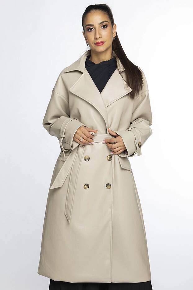 Klasický dámský kabát z ekologické kůže Beige Elegance, odcienie beżu L (40) i392_22993-49