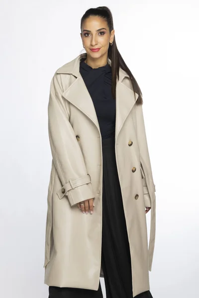 Klasický dámský kabát z ekologické kůže Beige Elegance