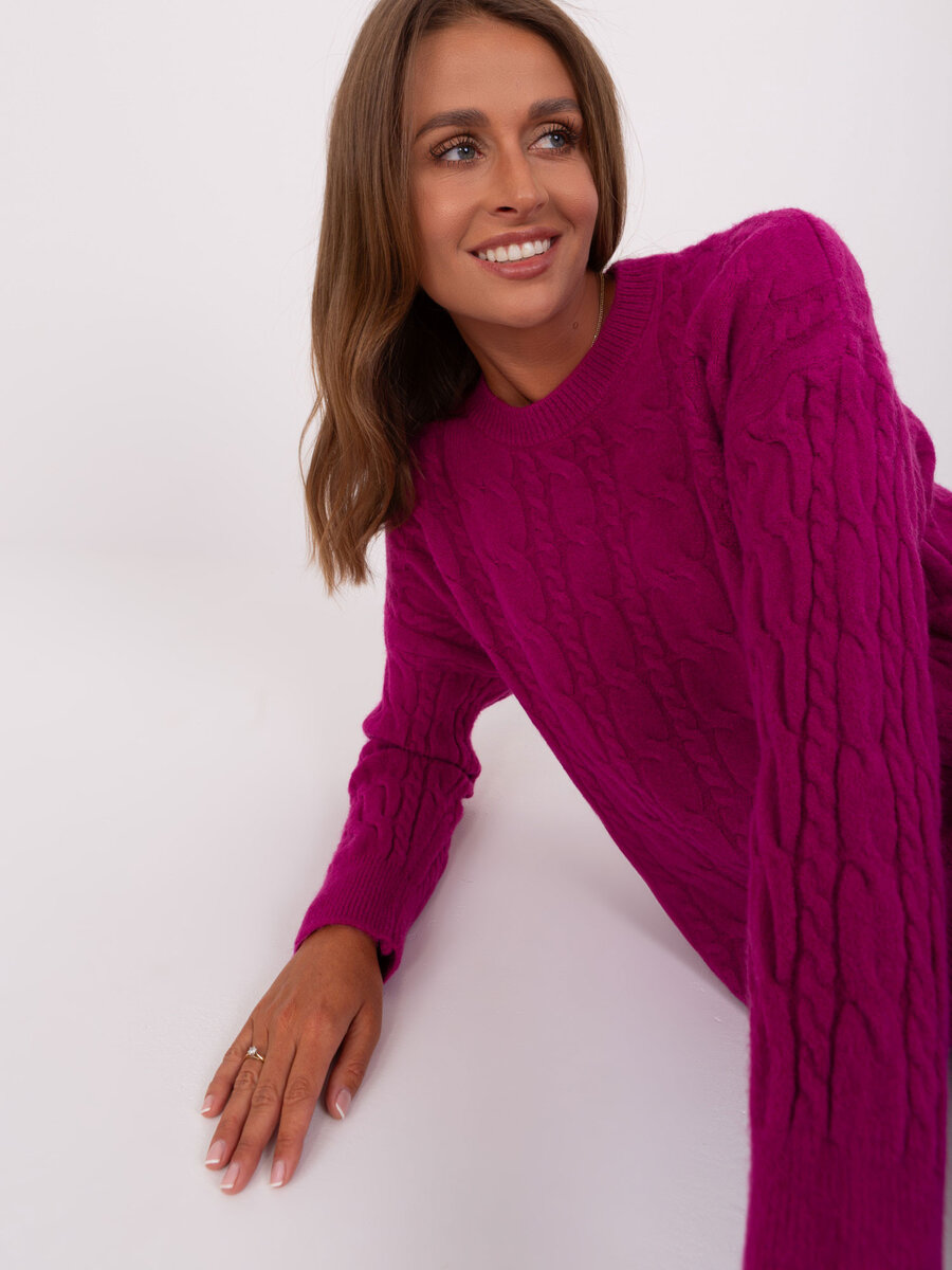 Kostkovaný fialový svetr s kulatým výstřihem - Fialová Kostka, jedna velikost i523_2016103446087