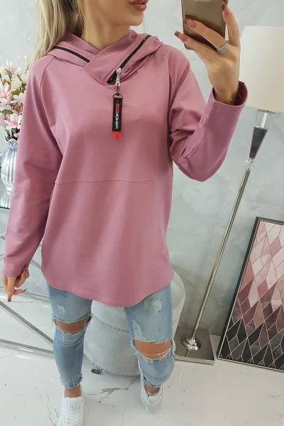 Oversize tunika na zip s kapucí - Tmavě růžová K-Fashion