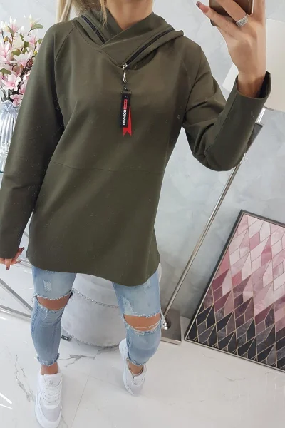 Khaki Oversize Tunika s Kapucí a Zipem - K-Fashion