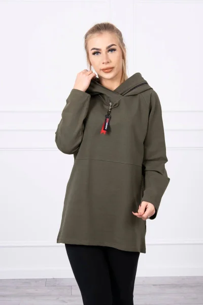 Khaki Oversize Tunika s Kapucí a Zipem - K-Fashion