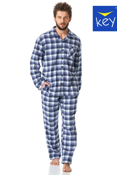 Mužské pohodlné flanelové pyžamo s knoflíky - Modré
