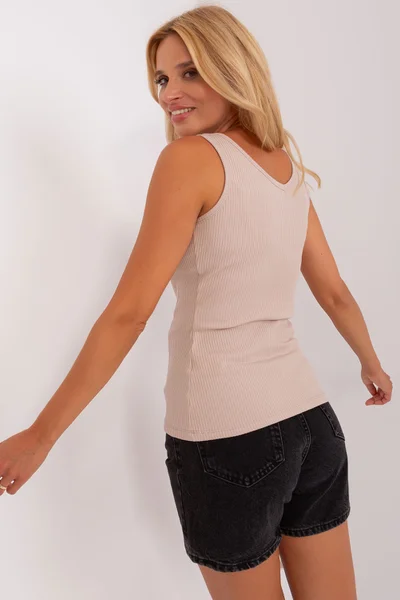 Beige Ribbed V-Neck Top - FPrice