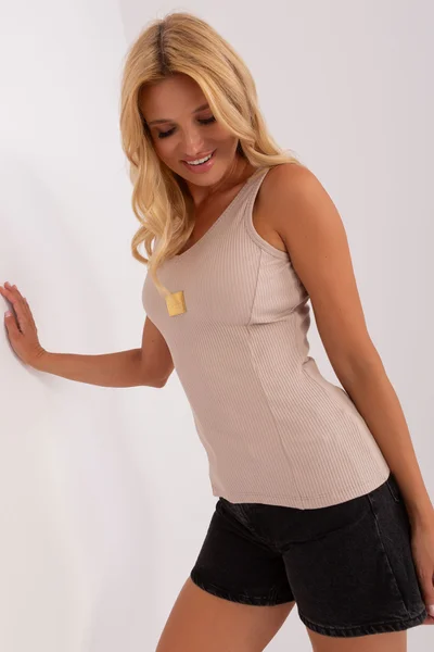 Beige Ribbed V-Neck Top - FPrice