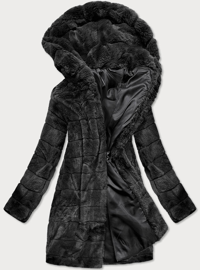 Černá kožíšková bunda s kapucí pro ženy - SWEST, odcienie czerni XL (42) i392_18158-53