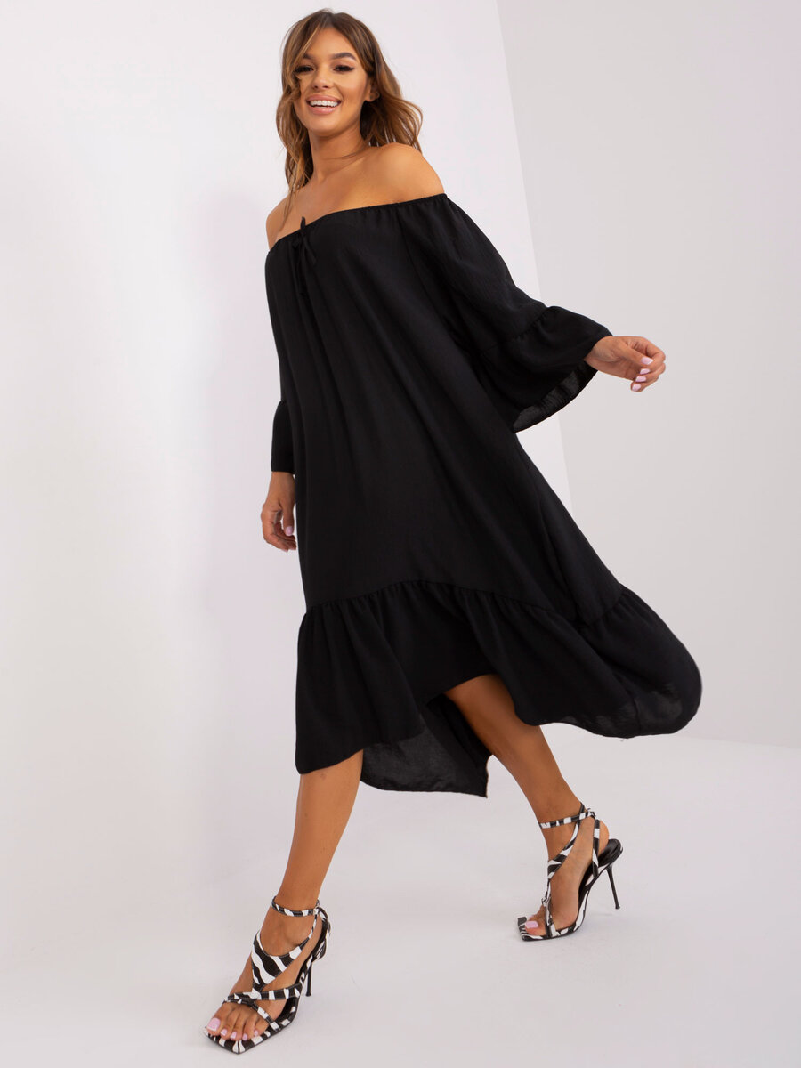 Černé šaty s volánem a širokými rukávy - Elegantní Černá, jedna velikost i523_2016103420506