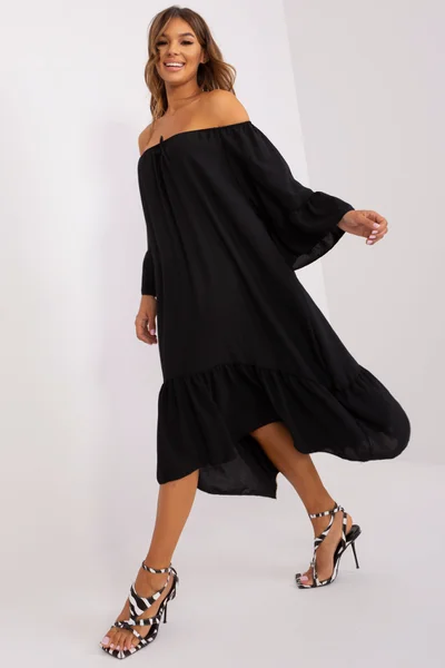 Černé šaty s volánem a širokými rukávy - Elegantní Černá