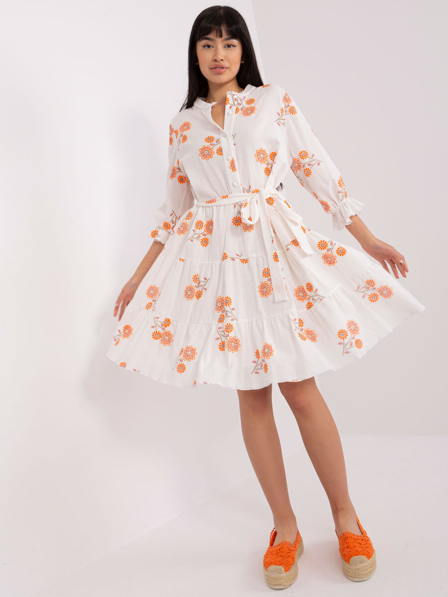Oranžové letní šaty s bílým vzorem a volánem, M i523_2016103428953