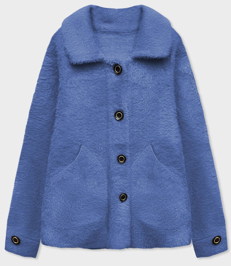 Modrý alpaka přehoz s límcem a kapsami pro ženy, odcienie niebieskiego ONE SIZE i392_21635-50
