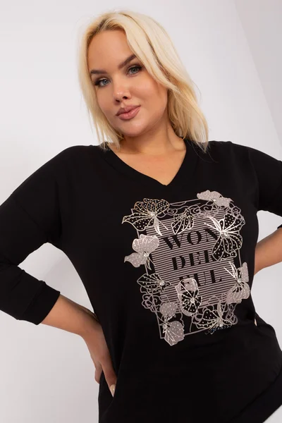 Černá plus size dámská halenka s potiskem a 3/4 rukávy