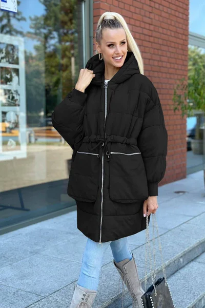 Černá bunda pro ženy na zimu s netopýřím střihem