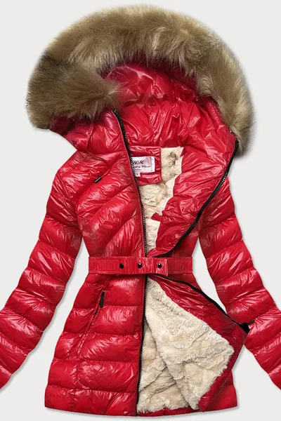 Zimní červená bunda s kožíškem a péřovou výplní MHM