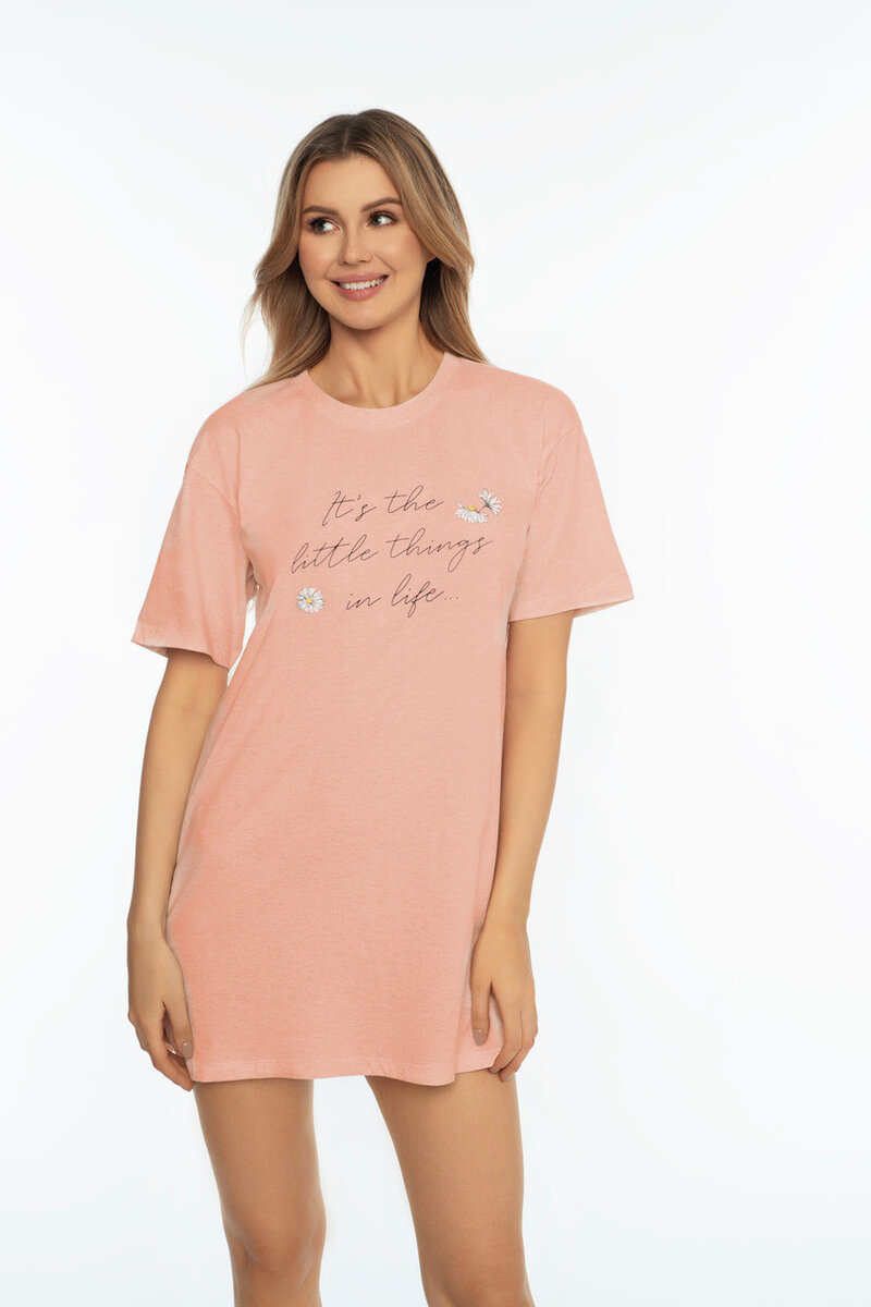Růžová bavlněná dámská noční košile s potiskem, Růžová L i170_41304-30X-L