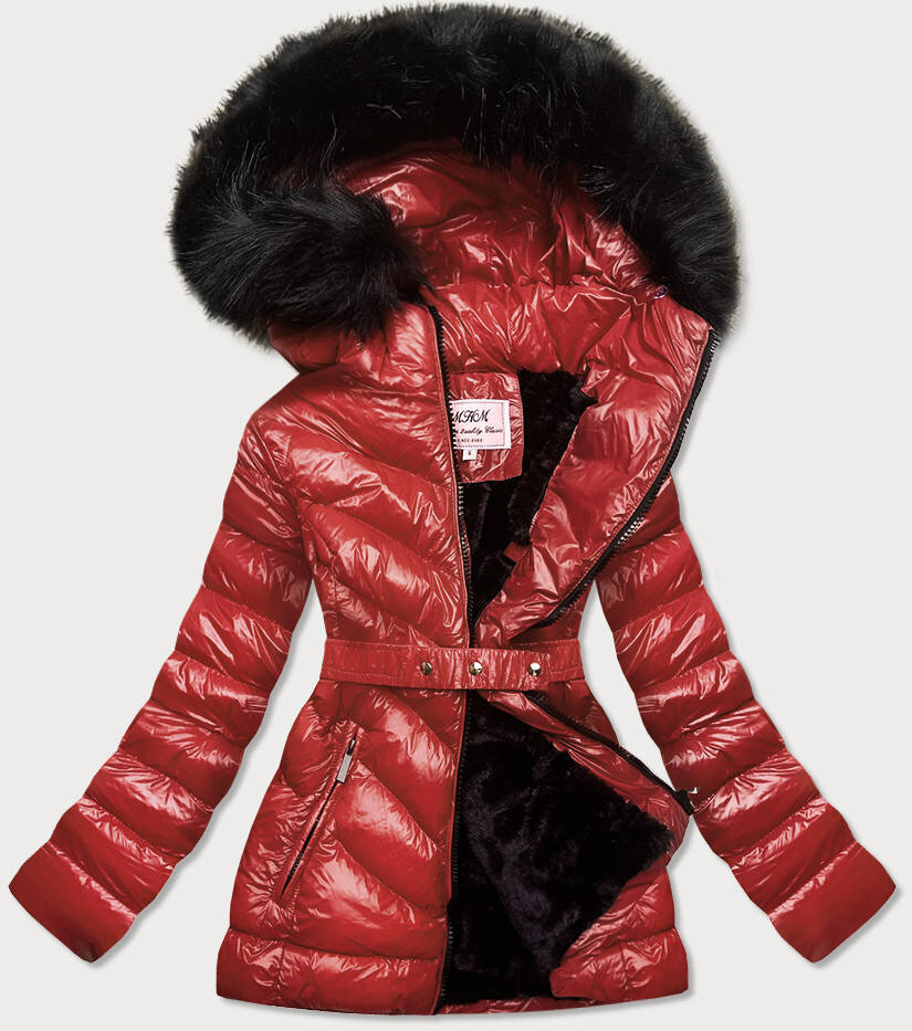Zimní lesklá bunda pro ženy s kožešinou - Vínová MHM, odcienie czerwieni XXL (44) i392_18273-48