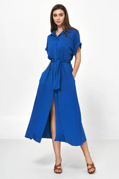Modré volné šaty s knoflíky - Nife