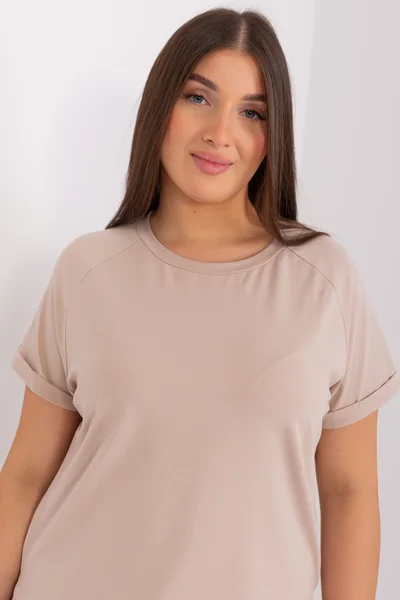 Beige Plus Size Dámská Halenka s Kulatým Výstřihem