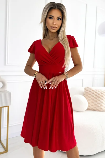 Červené brokátové šaty Matilde s obálkovým výstřihem