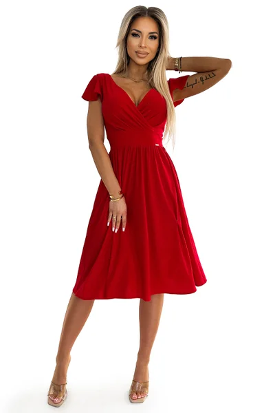 Červené brokátové šaty Matilde s obálkovým výstřihem