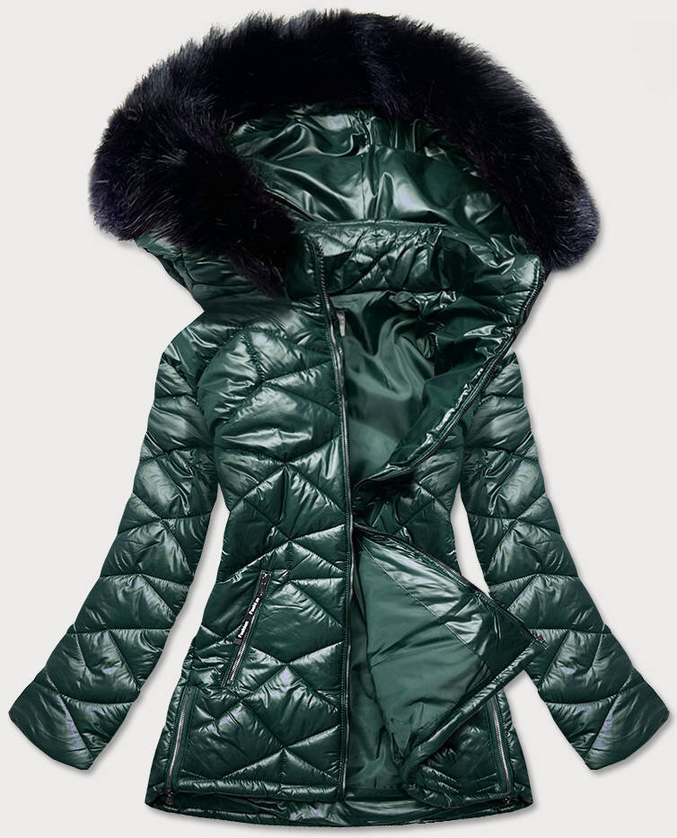 Zimní dámská plus size prošívaná bunda s odnímatelnou kožešinou FC MINA, odcienie zieleni 46 i392_18320-R