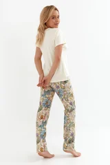 Vanilková dámská pyžama s krajkou a květinovým potiskem