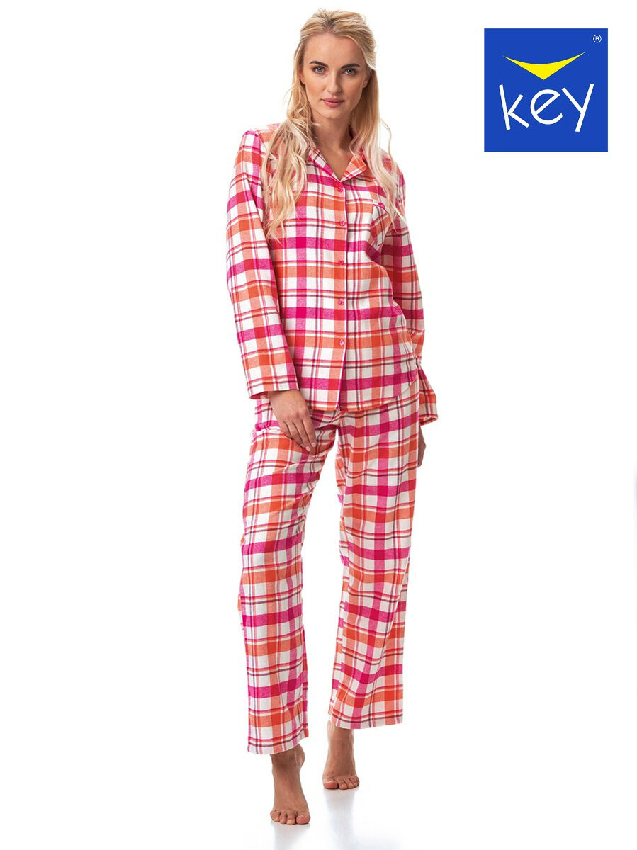Kostkované dámské flanelové pyžamo s knoflíky a dlouhými rukávy, růžovo-oranžový XL i384_62843046