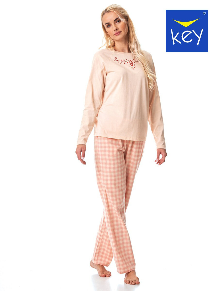 Kostkované pyžamo pro ženy s dlouhým rukávem a flanelovými kalhotami, broskev XL i384_99903726