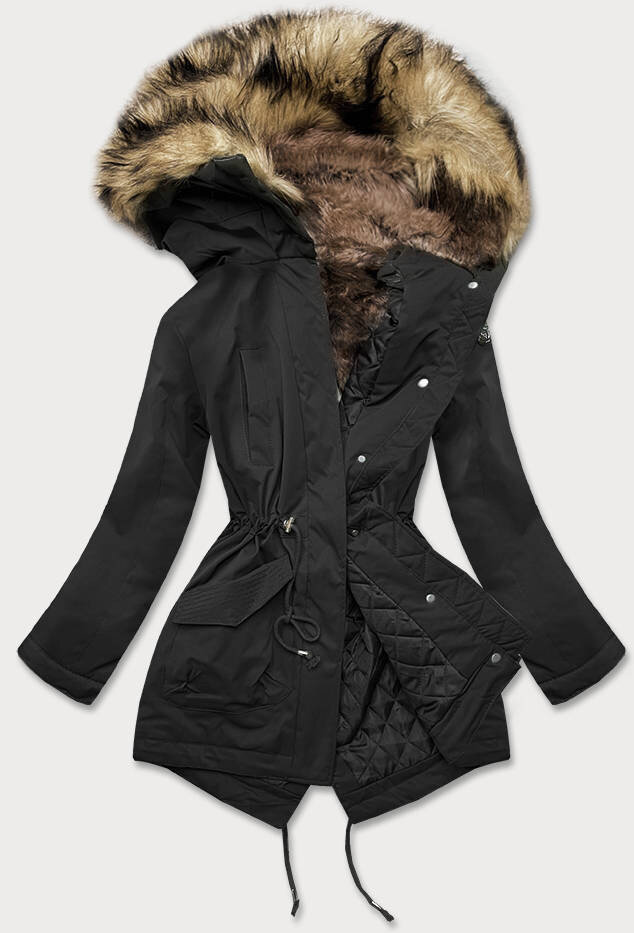 Zimní kožíškem zdobená bunda pro ženy LHD, odcienie czerni XXL (44) i392_18446-48