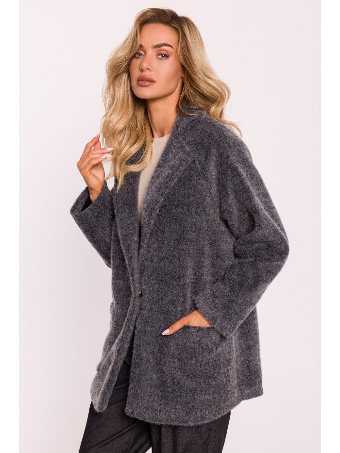 Dámské oversized teddy sako s kapsami - šedý melír Moe, EU L/XL i529_2040176845055362570