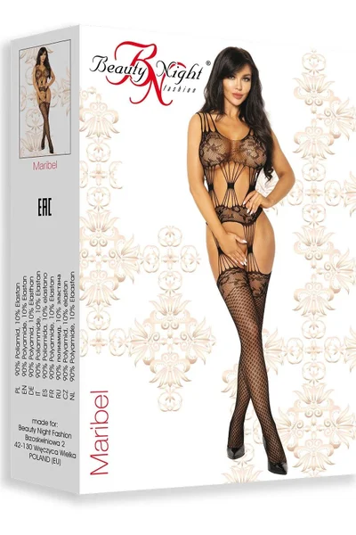 Černý květinový bodystocking s páskovými rukávy