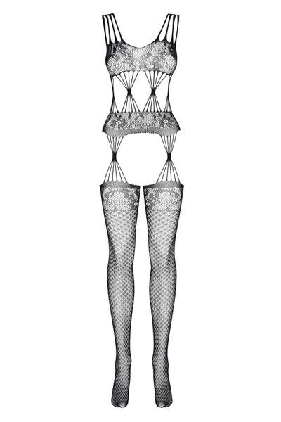 Černý květinový bodystocking s páskovými rukávy