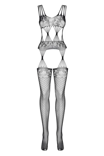 Černý květinový bodystocking s páskovými rukávy