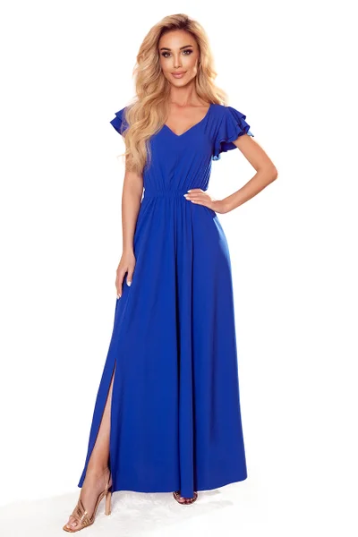 LIDIA - Dlouhé dámské šaty v chrpové barvě s výstřihem a volánky 7CHR4D Numoco