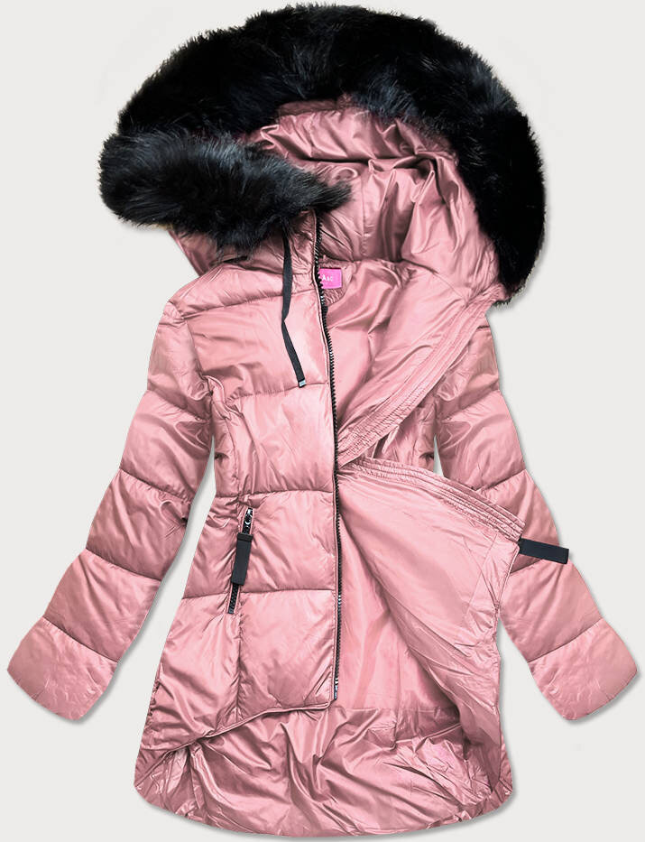 Růžová bunda na zimu VIOLA&C s kožešinovou kapucí, odcienie różu XXL (44) i392_18518-48