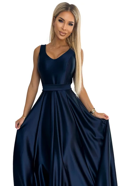 Lesklé modré maxi šaty Cindy s mašlí Numoco